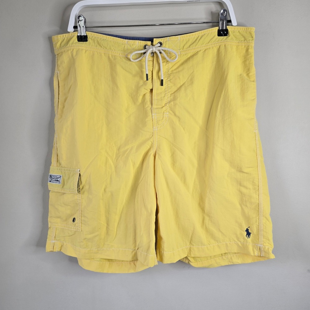 Polo Ralph Lauren Mens Yellow Swim Trunks Cargo Pocket Mesh Liner Lg 8" Inseam
